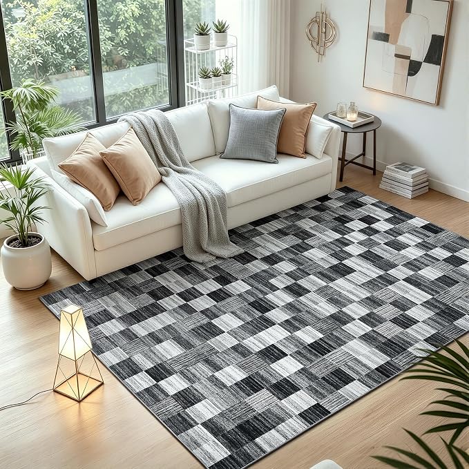 Terrug Black and White Checkered Rug for Bedroom, 4x6 Area Rugs Washable with Non Slip for Living Room, Soft Low Pile Stain Resistance Abstract Carpet for Kids Room