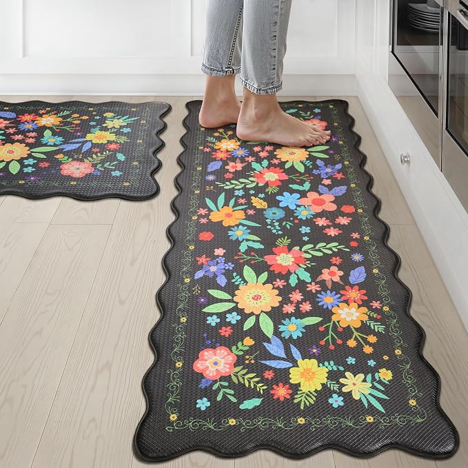 GENIMO Anti Fatigue Kitchen Mats for Floor 2PCS, Cushioned Standing Mats | 17.3"x47"&17.3"x30", Jet Black vintage floral rug set, waterproof, non slip, easy-clean for farmhouse