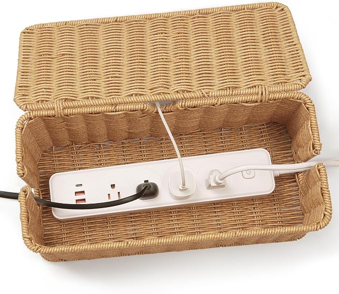 ZhiYo Rattan Cable Management Box, Brown Cord Organizer, 13.5" x 6.2" x 6" | Handwoven imitation rattan cord hider box conceals power strips and cables for a clean desk or floor setup