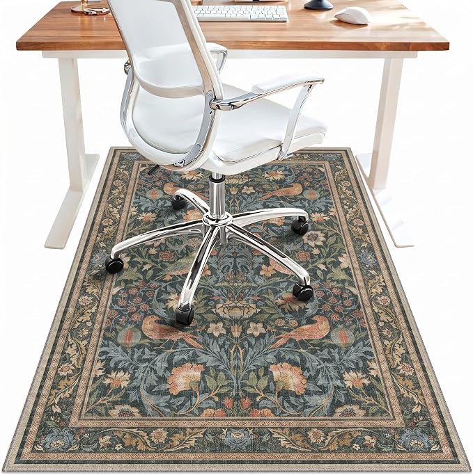 36"x60" Office Chair Mat for Hardwood Tile Floor, Under Desk Carpet Protector for Rolling Computer Chair Mat, Machine Washable Area Rug, Anti-Slip 1/5" Thick Low Pile Thin Vinyl Floor Mat, Dusty Teal
