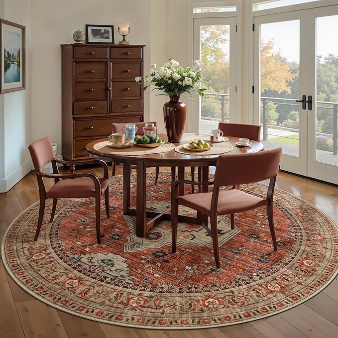 Tangsoo Vintage Round Rugs 8ft, Washable Circle Rug, Non Slip Boho Round Area Rug,Low Pile Circular Rugs,Large Round Rugs Carpet for Livingroom,Bedroom,Nursery,Dorm,Office,Terracotta