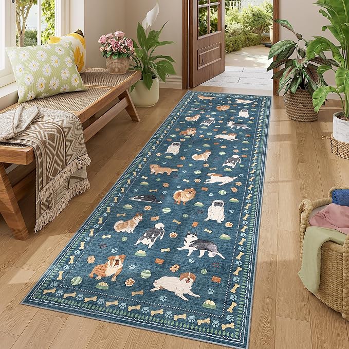 DUKINO 2x6 Washable Runner Rug for Hallway, Non Slip Animal Dog Kitchen Rug with Low Pile Design, Ultra Soft & Stain Resistant Indoor Carpert Runner for Entryway, Bedroom, Laundry, Bathroom, Blue