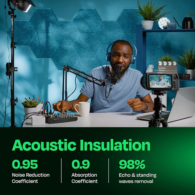 Acoustic Panels 12-Pack - 14"X12.1"X0.4" Soundproof Wall Panels - High Density Sound Dampening - Light Turquoise Hexagon