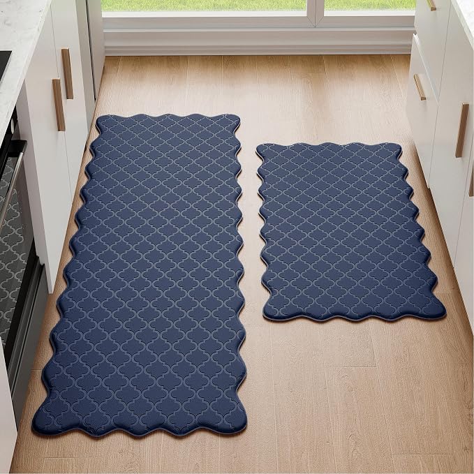 Arenarug Upgrade Scalloped Embossed Kitchen Mats for Floor 2PCS Cushioned Anti Fatigue Waterproof Foam Kitchen Rugs Non Slip Washable Comfort Standing Mat for Sink Laundry, 17.3"x30"+17.3"x59", Navy