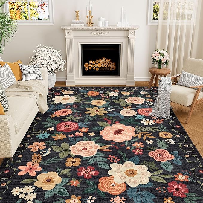 DUKINO 5x8 Area Rug for Living Room, Washable Lightweight Non Slip Floral Bedroom Rug with Non Shedding Design, Soft Low Pile Large Indoor Carpet for Dining Room, Kids Playroom, Nursery, Office, Black