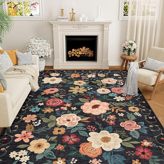 DUKINO 5x8 Area Rug for Living Room, Washable Lightweight Non Slip Floral Bedroom Rug with Non Shedding Design, Soft Low Pile Large Indoor Carpet for Dining Room, Kids Playroom, Nursery, Office, Black