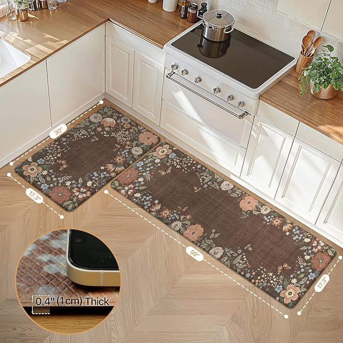 GENIMO Anti Fatigue Kitchen Mats for Floor 2PCS, Cushioned Standing Mats | 17.3"x59"&17.3"x30", Light Brown vintage floral rug set, waterproof, non slip, easy-clean for farmhouse