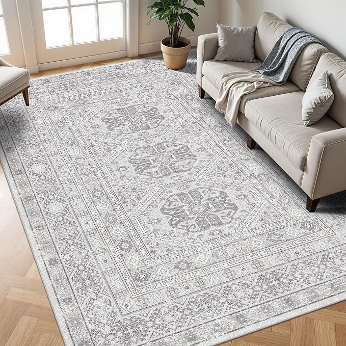 10x12 Area Rug for Living Room: Vintage Oriental Washable Rug for Bedroom Dining Room with Non Slip Rubber Backing Stain Resistant Low Pile Large Carpet Home Office (Grey, 10x12)