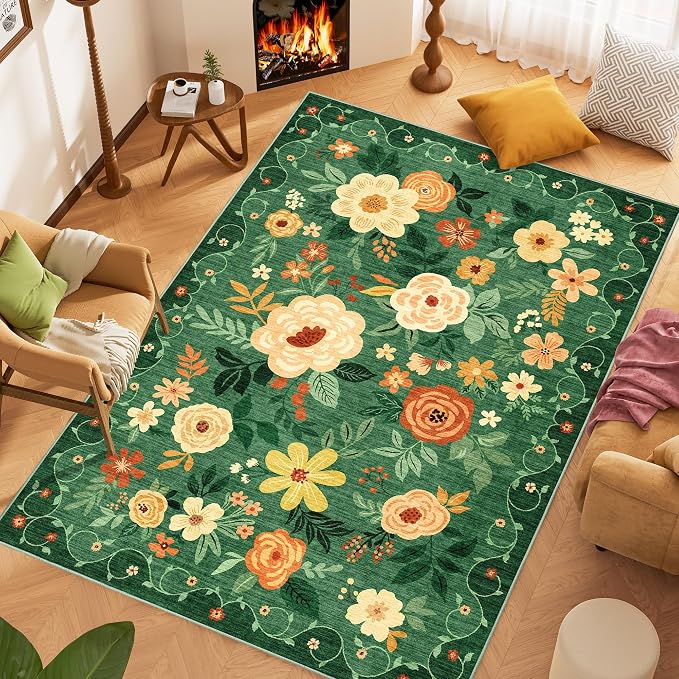 DUKINO 8x10 Area Rug, Floral Rugs for Living Room, Lightweight Non Slip Washable Rug, Indoor Low Pile & Non-Shedding Boho Design Rugs for Bedroom, Living Room, Dining Room, Dark Green