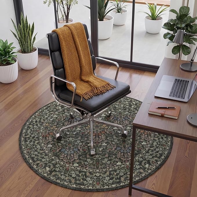Office Chair Mat for Hardwood Tile Floor, Under Desk Carpet Protector for Rolling Computer Chair Mat, Round Washable Rugs 5ft Circle Area Rug, Anti-Slip 1/5" Thick Low Pile Thin Floor Mat, Moss Green
