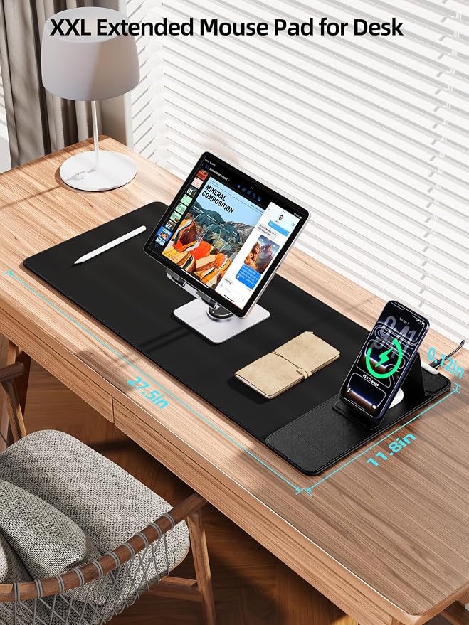 Mouse Pad with Magnetic Wireless Charging & Adjustable Phone Stand | 27.5"x11.8" Computer Keyboard Pad Mat with Anti-Slip Base & Stitched Edge, Easy Gliding, Spill-Resistant Surface, Black