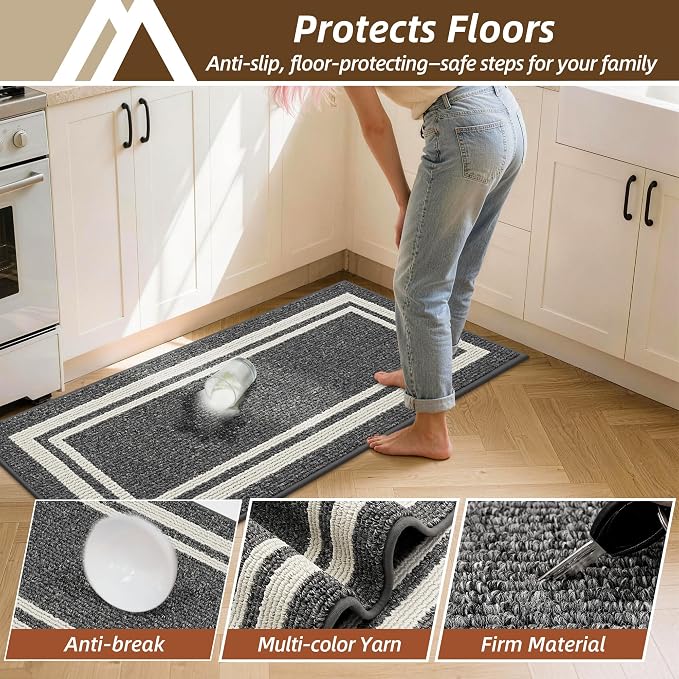 COSY HOMEER Kitchen Rugs Non-Slip 24x35/24x60 Inch Thick Polypropylene Standing Mat for Home Machine Washable, Black Frame