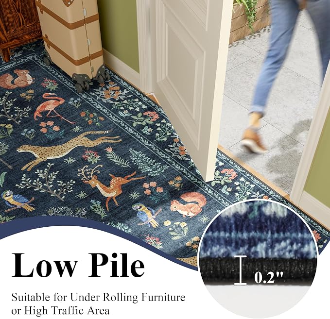 DUKINO 3x10 Washable Runner Rug for Hallway, Lightweight Long Kitchen Rug with Low Pile Design, Vintage Animal Non Shedding Thin Indoor Carpet for Entryway, Bathroom, Bedroom, Laundry Room, Navy Blue