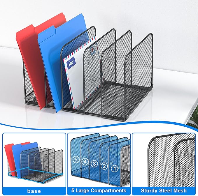 5 Sections Desk File Holder/Rack/Sorter,Mesh File Organizer,File Folder Organizer,Metal Upright Desktop Organization for Documents,Magazine,Kitchenware,Antiskid,Antirust,Sturdy,1 Pack