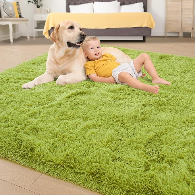 Tepook Fluffy Grass Green Rugs for Living Room Bedroom, 5x8 Soft Area Rug Moss Green Kids Girls Boys Rug, Indoor Plush Shaggy Non-Slip Carpet for Nursery Classroom Dorm Home Decor