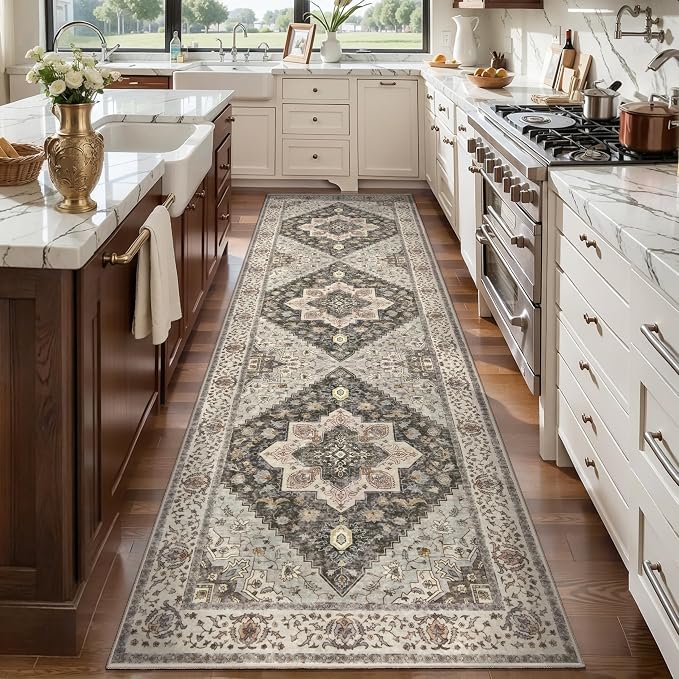 Tangsoo 3x8 Runner Rug for Hallway, Farmhouse Long Washable Hallway Runner Rugs, Non Slip Vintage Soft Low Pile Rug Runner, Indoor 8ft Carpet Runners for Kitchen Bedroom Entryway Living Room Grey