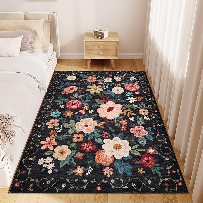 DUKINO 3x5 Area Rug, Floral Rugs for Living Room, Lightweight Non Slip Washable Rug, Indoor Low Pile & Non-Shedding Boho Design Rugs for Bedroom, Living Room, Dining Room, Black