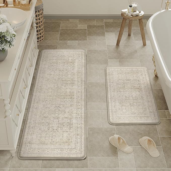 HUGEAR 2-Piece Beige Vintage Kitchen Mat Set | Washable, Anti Fatigue, Non Slip, Soft, Vintage, Floral, Distressed, Farmhouse, for Sink Entryway Bathroom Laundry