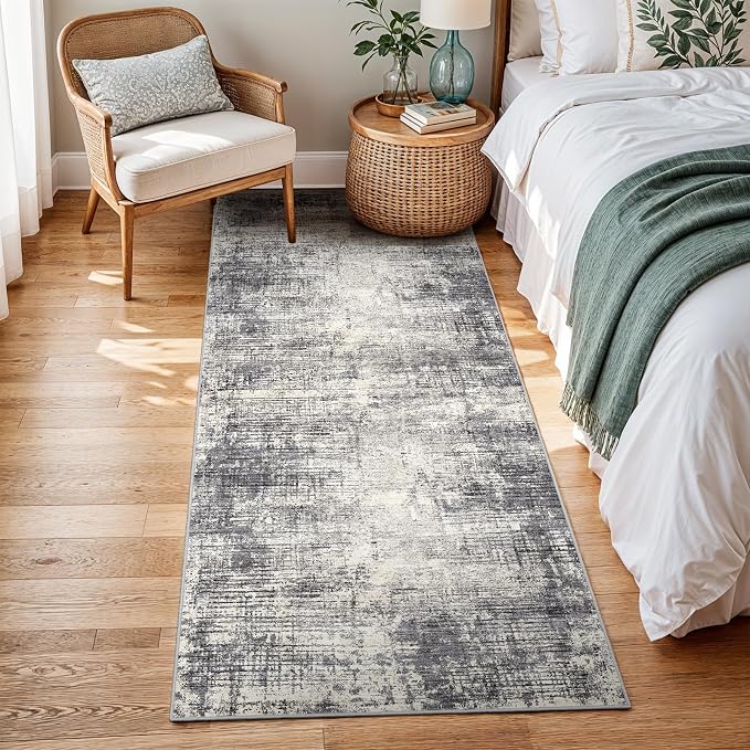 3x6 Kitchen Washable Runner Rug - Non-Slip Hallway Rugs with Rubber Backing Abstract Neutral Low-Pile Carpet Runners for Laundry Room Home Decor Bedroom Bathroom Entryway (Gray Beige,3x6)