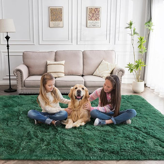 Awaytail Fluffy Rug Flame Resistant 8x10 Feet, Forest Green Shaggy Rugs for Living Room Washable 8x10 Area Rugs Clearance