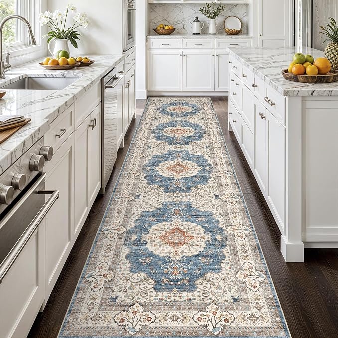 3x12 Washable Hallway Runner Rug:Oriental Indoor Kitchen Rugs Vintage Door Mat Non Slip with Rubber Backing Low Pile Thin Carpet for Bedroom Bathroom Living Room Bedside (3x12 Blue/Beige)