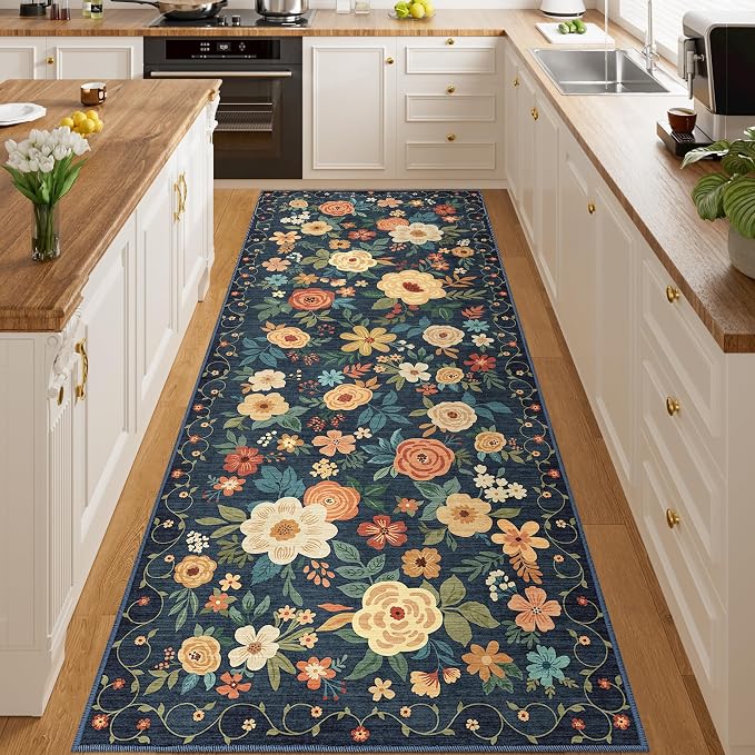 DUKINO 3x8 Runner Rug, Washable Rug for Kitchen with Non Slip Backing, Soft Non Shedding & Low Pile Design Long Floor Carpet Runner for Hallway, Bathroom, Entryway, Laundry, Navy Blue