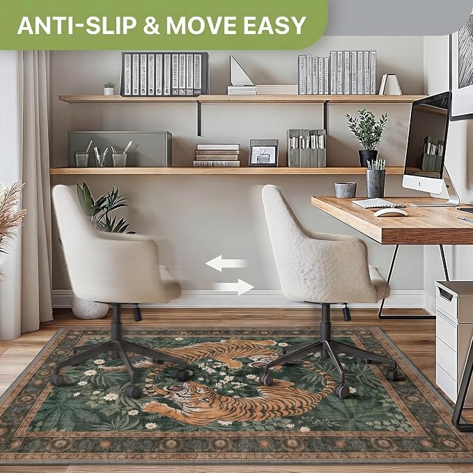36"x48" Office Chair Mat for Hardwood Tile Floor, Under Desk Carpet Protector for Rolling Computer Chair Mat, Machine Washable Area Rug, Anti-Slip 1/5" Thick Low Pile Thin Vinyl Floor Mat, Tiger Green