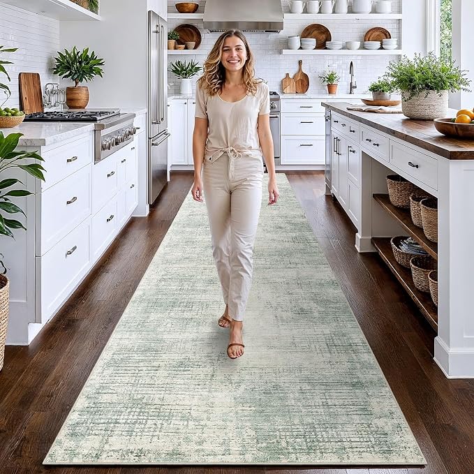 3x12 Hallway Washable Runner Rug - Non-Slip Kitchen Rugs with Rubber Backing Abstract Neutral Low-Pile Carpet Runners for Laundry Room Home Decor Bedroom Bathroom Entryway (Green,3x12)