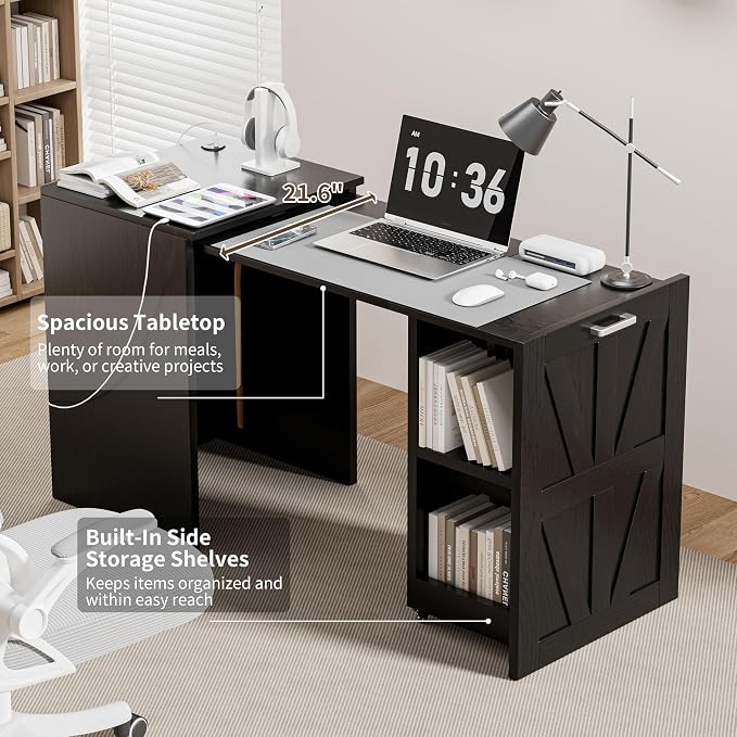 Folding Desk with Storage and Charging Station, Pull-Out Desk Cabinet with Spacious Desktop, Foldable Computer Table for Small Space, Black Oak