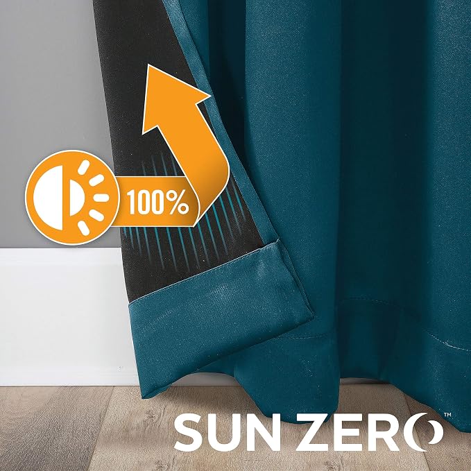 Sun Zero Nordic 2-pack Theater Grade Extreme 100% Blackout Grommet Curtain Panel Pair, 52" x 96", Teal