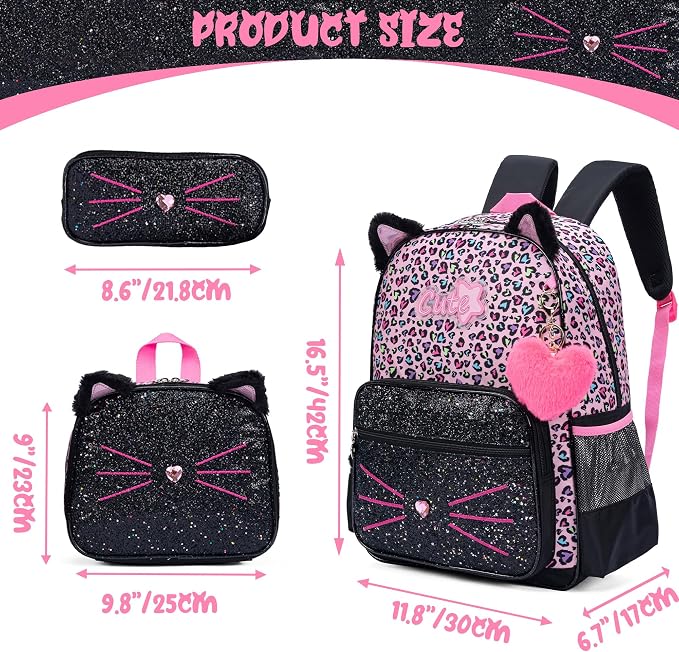 Meetbelify Black Cute Cat School Backpack for Girls Backpack with Lunch Box for Elementary Students Kids Travel Bookbag for Girls Ages 6-8
