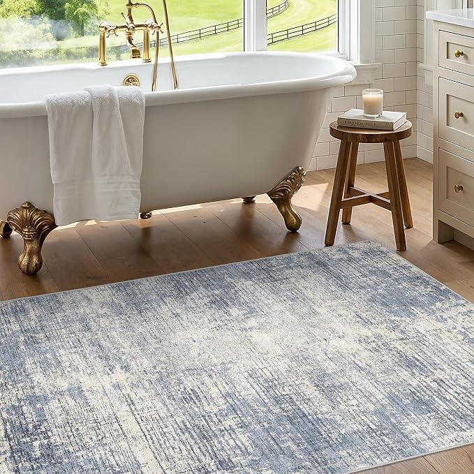 3x4 Washable Area Rug for Entryway: Modern Abstract Stain Resistant Small Rug with Non Slip Rubber Backing Durable Doormat Low Pile Thin Floor Carpet for Kitchen Bathroom Bedroom (Blue Gray,3x4)