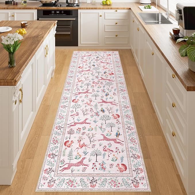 DUKINO 2x10 Rug for Hallway, Washable Kitchen Runner Rug with Non Slip Backing, Soft Low Pile Vintage Animal Runner for Bedroom, Kitchen, Hallway, Entryway, Laundry, Pink
