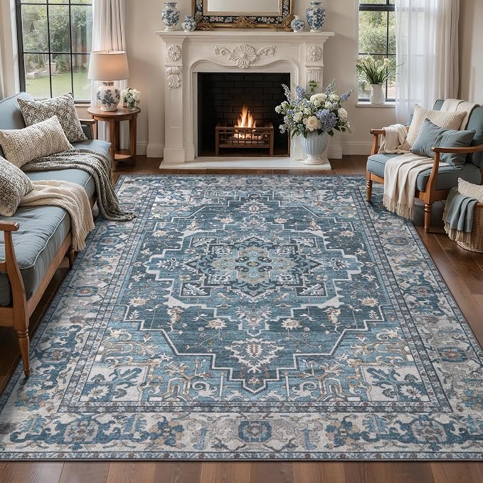 Tangsoo Vintage 5x7 Area Rug Washable Rugs for Living Room, Oriental Indoor Non Slip Large Area Rugs, Farmhouse Print Carpet, Soft Low Pile Foldable Floor Rug for Bedroom Dining Room Blue Gray