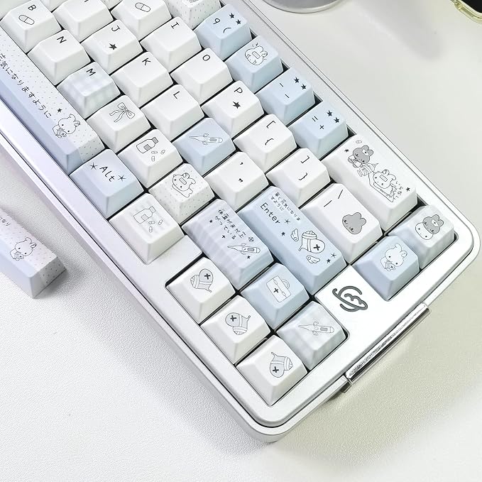 Cute Rabbit Theme Keycaps 140 Keys, PBT Key Cap Set Dye Sublimation, Cherry Profile Blue Keyboard Keycap, Custom Keycaps for Cherry MX Switches Mechanical Gaming Keyboard 60% 75% 100%