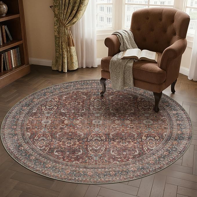 HUGEAR 5ft Round Rug Entryway Rugs Machine Washable Brick Red Hallway Area Rug 5x5 Small Circle Floral Low Pile Carpet Vacuumable Throw Rug Living Room Laundry Entrance Non Slip Soft Lightweight