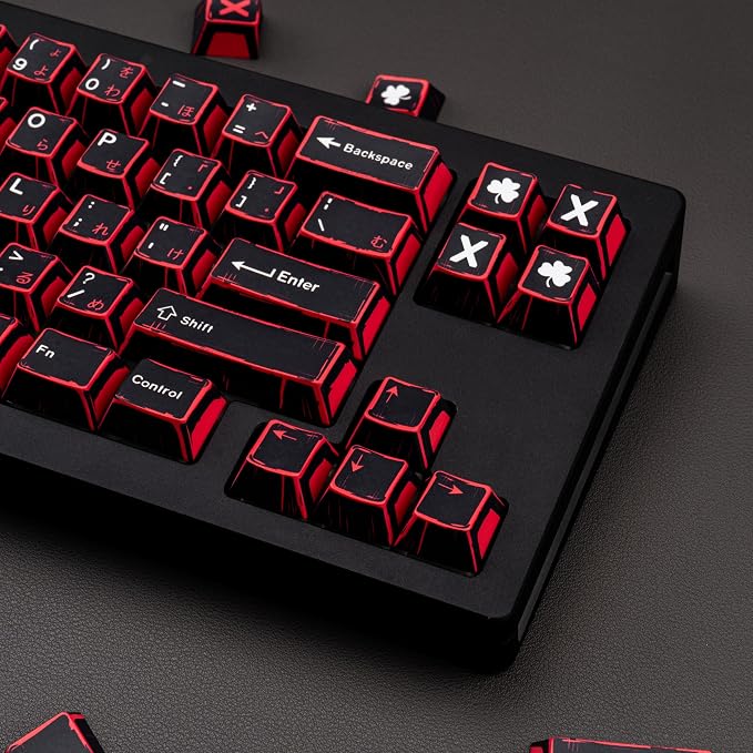 Japanese Manga Keycaps 130 Keys, Custom PBT Black and Red Keycaps, Cherry Profile Dye Sub Keycap Set Fit for 61/64/87/104/108 Cherry MX Switches Mechanical Keyboard