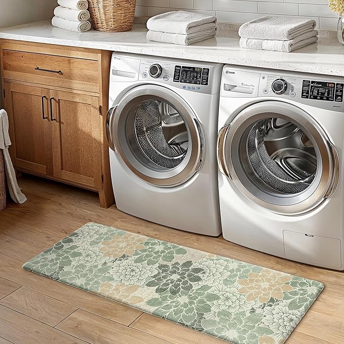 GENIMO Anti Fatigue Kitchen Mats for Floor 2PCS, Cushioned Standing Mats | 17.3"x47"&17.3"x30", Green vintage floral rug set, waterproof, non slip, easy-clean for farmhouse