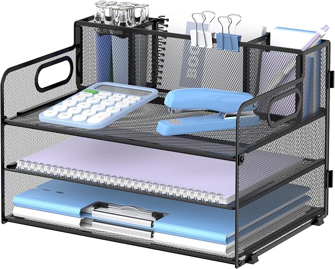 3-Tier Desk Organizer with Pen Holder and Handles, Paper Organizer, Black | Desk Organizer and Paper Organizer for Desk with Pen Holder, Paper Trays and Handles for Files, Mail and Office Supplies