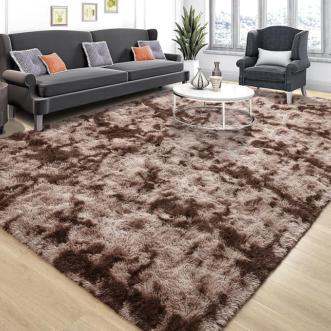 Tepook 8x10 Area Rugs for Living Room Bedroom, Soft Fluffy Plush Shaggy Girls Boys Kids Room Rug, Shag Upgrade Non-Slip Throw Carpet for Dorms Nursery Classroom Home Decor, Tie-Dyed Brown