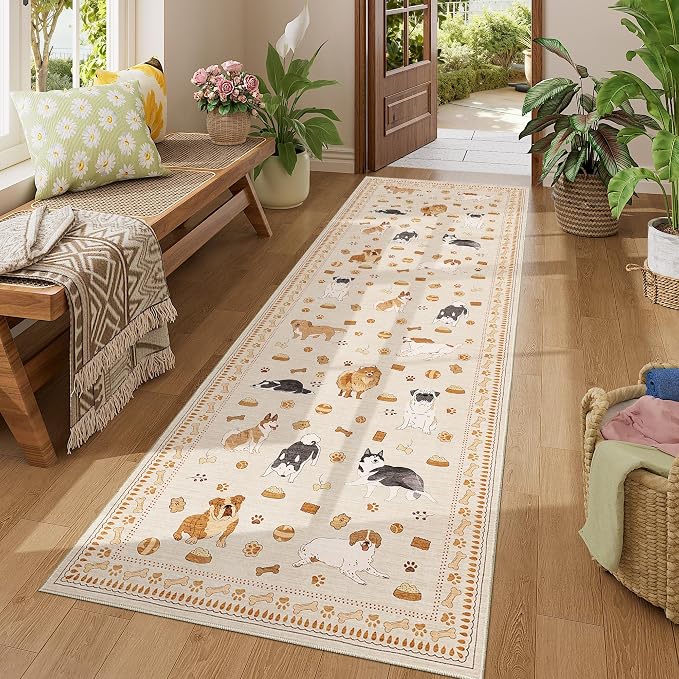 DUKINO 2x6 Washable Runner Rug for Hallway, Non Slip Animal Dog Kitchen Rug with Low Pile Design, Soft Stain Resistant Indoor Carpert Runner for Entryway, Bedroom, Laundry, Bathroom, Beige Yellow