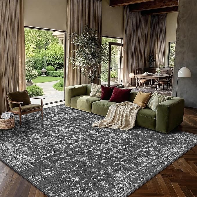 10x12 Black Washable Area Rugs for Living Room Vintage Boho Non Slip Large Rug Distressed Floral Carpet Indoor Retro Soft Low Pile Farmhouse Throw Rug for Bedroom Dining Nursery Office