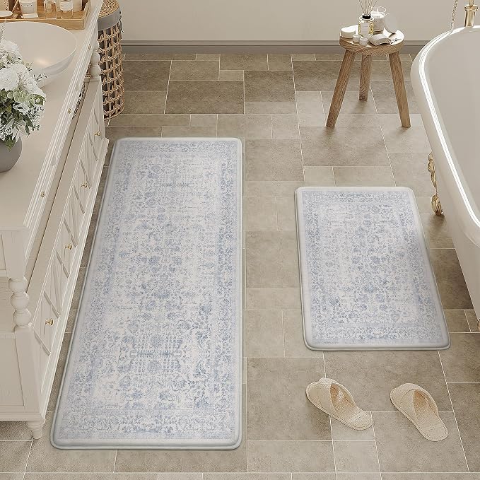 PureCozy Kitchen Mats 2PCS Anti Fatigue Cushioned Mat Light Blue Vintage Kitchen Mats for Floor Waterproof Non Slip Comfort Standing Retro Floral Rug for Sink Laundry Office 17.3"x47"+17.3"x30"