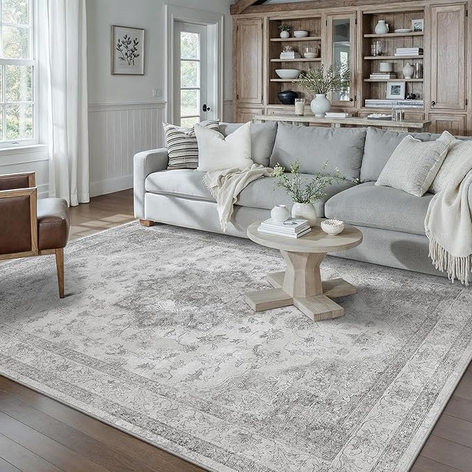 PureCozy Gray Area Rug 9x12 Washable Living Room Carpet Vintage Non Slip Soft Bedroom Indoor Office Retro Grey Low Pile Thin Oriental Medallion Large Rug for Dining Room Bathroom Playroom
