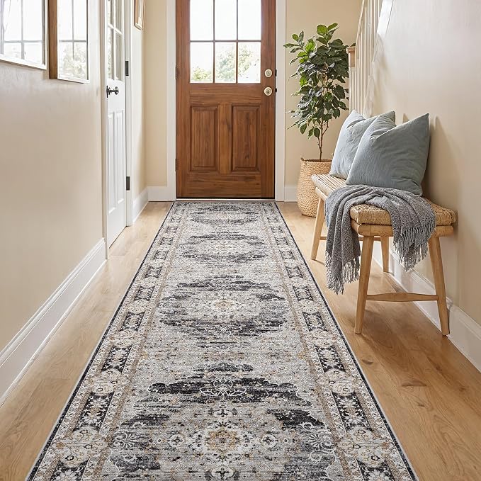 2x10 Runner Rug for Hallway Washable: Non Slip Kitchen Rugs with Rubber Backing Soft Waterproof Wide Mats Stain Resistant Low Pile Carpet for Entryway Bedroom Bathroom Laundry Home Decor Black/Gray