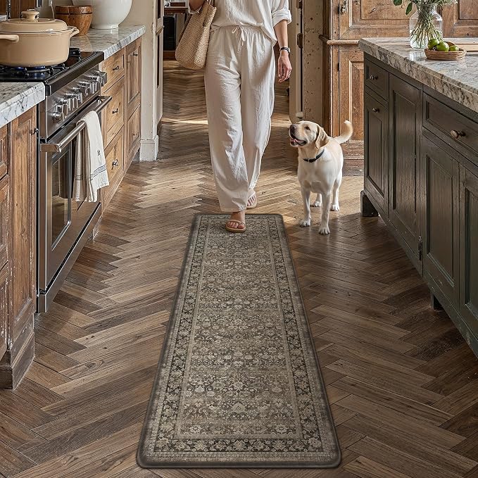 HUGEAR 17.3"x59" Dark Brown Vintage Kitchen Mat Set | Washable, Anti Fatigue, Non Slip, Soft, Vintage, Floral, Distressed, Farmhouse, for Sink Entryway Bathroom Laundry