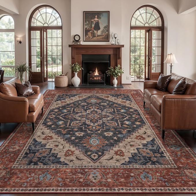 Tangsoo 8x10 Area Rug for Living Room, Washable Vintage Rugs Indoor Boho Non Slip Large Area Rugs, Oriental Print Distressed Carpet, Soft Low Pile Rug Foldable Floor Rug for Bedroom Dining Room