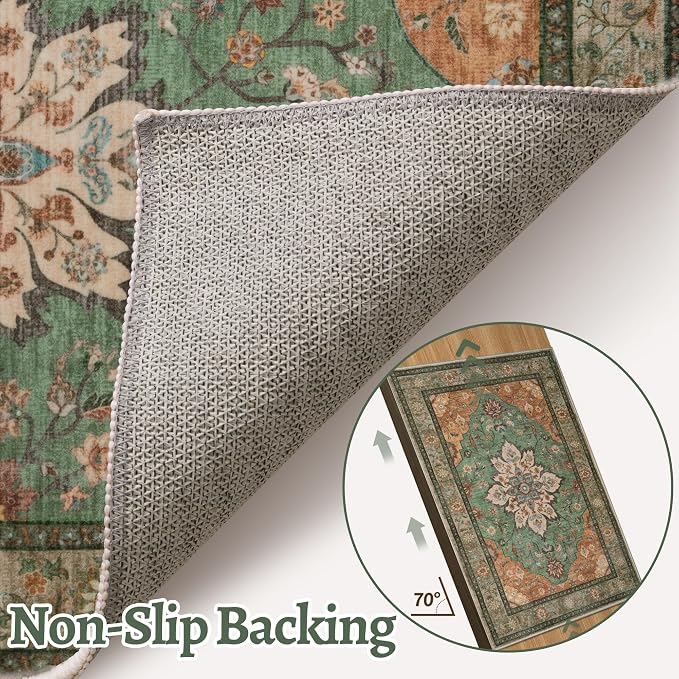 Tangsoo 8x10 Area Rug for Living Room, Washable Vintage Rugs Indoor Boho Non Slip Large Area Rugs, Oriental Print Carpet, Soft Low Pile Rug Foldable Floor Rug for Bedroom Dining Room Tan/Green