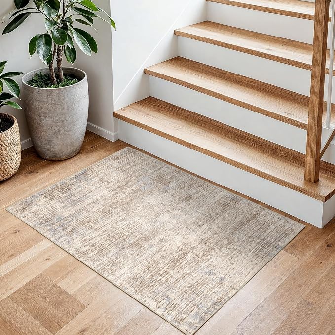 Washable Entryway 2x3 Area Rug: Small Abstract Kitchen Rugs for Indoor Bathroom Entrance Non Slip Door Mat with Rubber Backing Soft Carpet for Bedroom Pet Feeding Area (Ivory Beige Distressed,2x3)