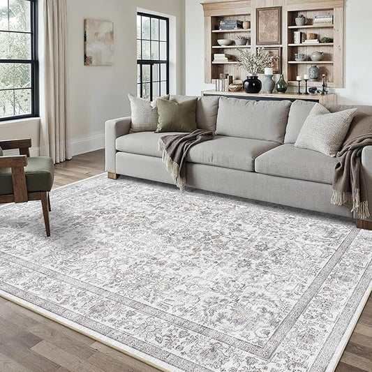 5x7 Gray Washable Area Rugs for Living Room Non Slip Low Pile Vintage Boho Throw Rug Soft Retro Distressed Floral Carpet Indoor Farmhouse Decor for Bedroom Dining Room Office Kitchen Playroom